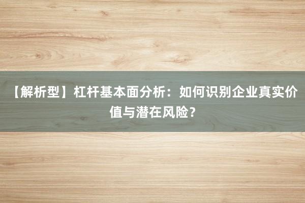 【解析型】杠杆基本面分析：如何识别企业真实价值与潜在风险？