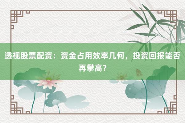 透视股票配资：资金占用效率几何，投资回报能否再攀高？